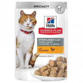 Hills Science Plan Feline Young Adult Sterilised Pouches CHICKEN - Паучове с пиле, малки късчета в сос Грейви, за кастрирани котки 12 х 85гр